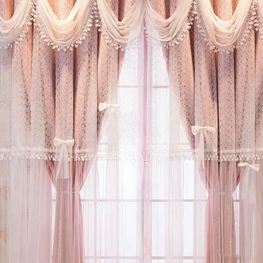 Princess-Style Double Layer Curtain Blackout Cloth with Sheer Lace Pink & White for Girls' Bedroom Living Room
