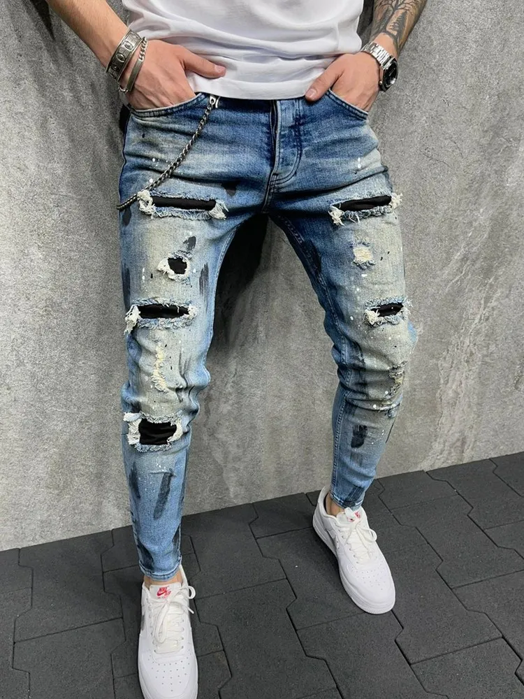 Hommes jean genou trou déchiré Stretch maigre Denim pantalon solide épissure couleur bleu automne été Hip-Hop Style Slim Fit pantalon 2023