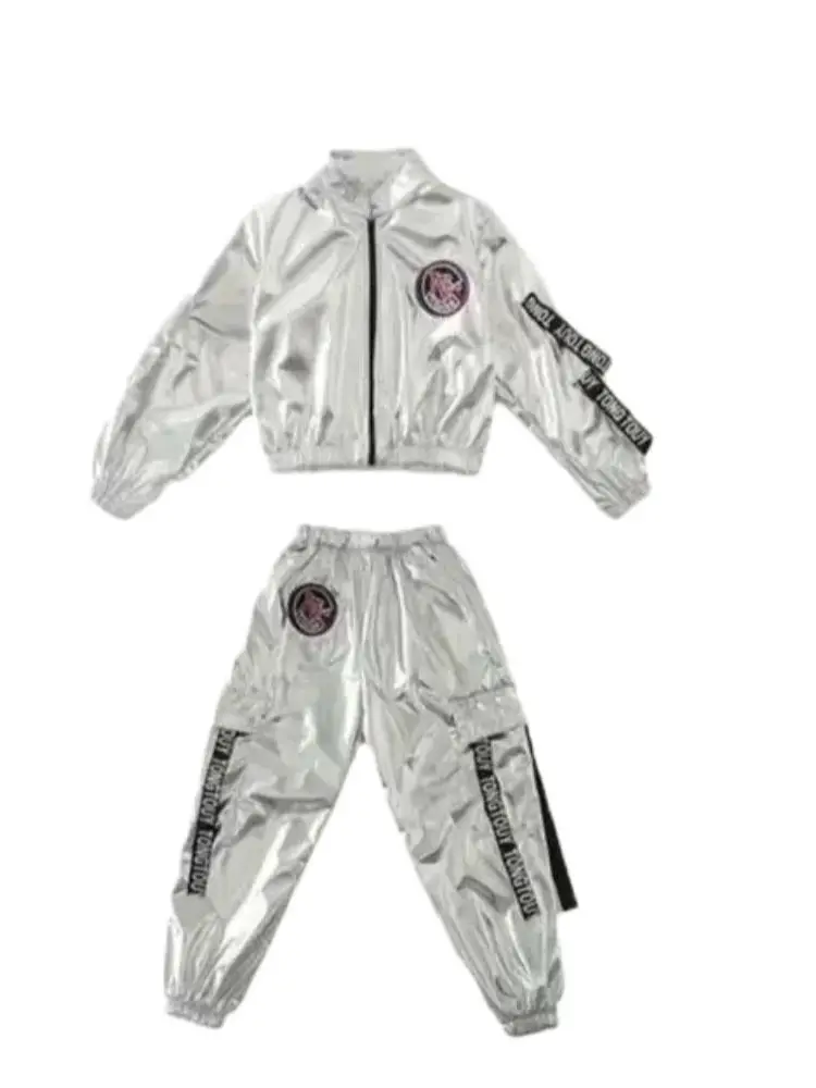 1set/lot Boy girl Hip-hop Set Silver Color Jazz Dance Costume Children Performance jazz Clothes Dance Costume