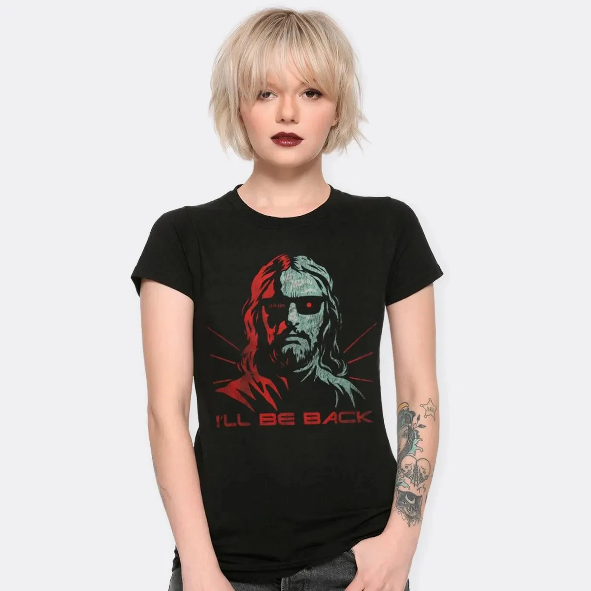 Jesus Terminator Ill Be Back TShirt Taglie da uomo e da donna Ideale per combinazioni uniche di cultura pop e stile religioso