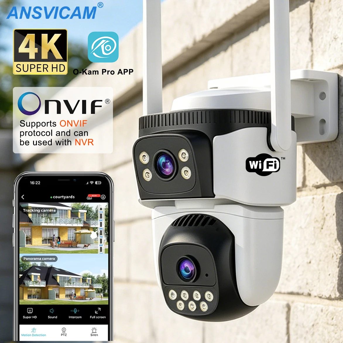 Dual-Lens 4K Security Camera 8MP Outdoor PTZ WiFi IP Cam with 4K Dual Screen, AI Human Detection, Auto-Cruise & 2.4GWiFi