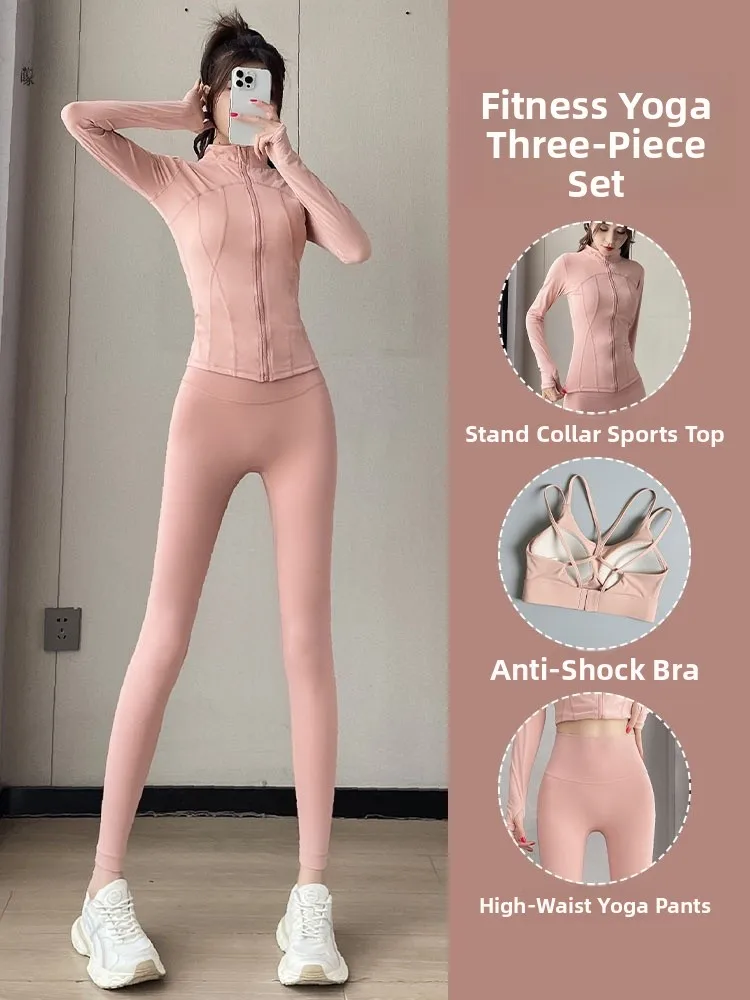 

Женский комплект одежды для йоги и фитнеса, розовая футболка, спортивная одежда, жилет для бега, спортивный джинт, длинные брюки, нейлон, спандекс, застежка-молния