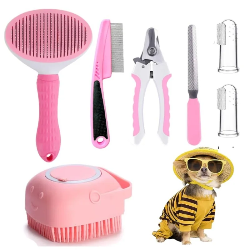 7-Piece Pet Grooming Kit Cleaning Brush Nail Clipper File Flea Comb Bath Brush Finger Toothbrush for Pets Dog Grooming Supplies