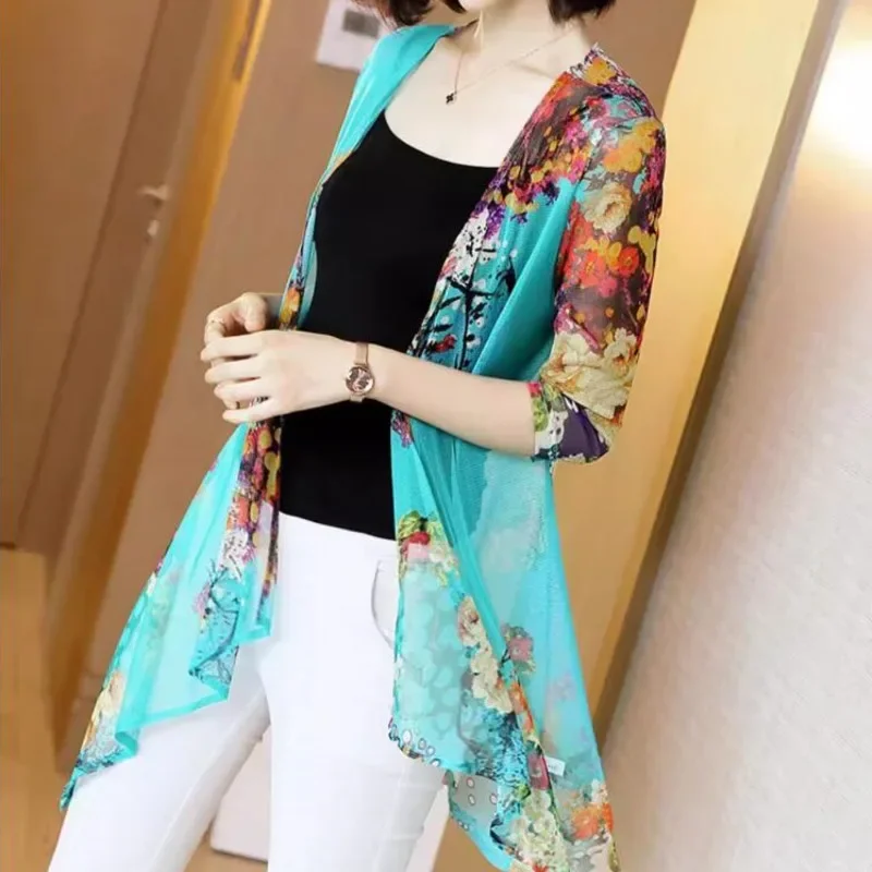 

Vintage Mesh Floral Long Asymmetrical Sunscreen Jacket Women Half Sleeve Thin Sexy See Through Kimono Jacket Cardigan