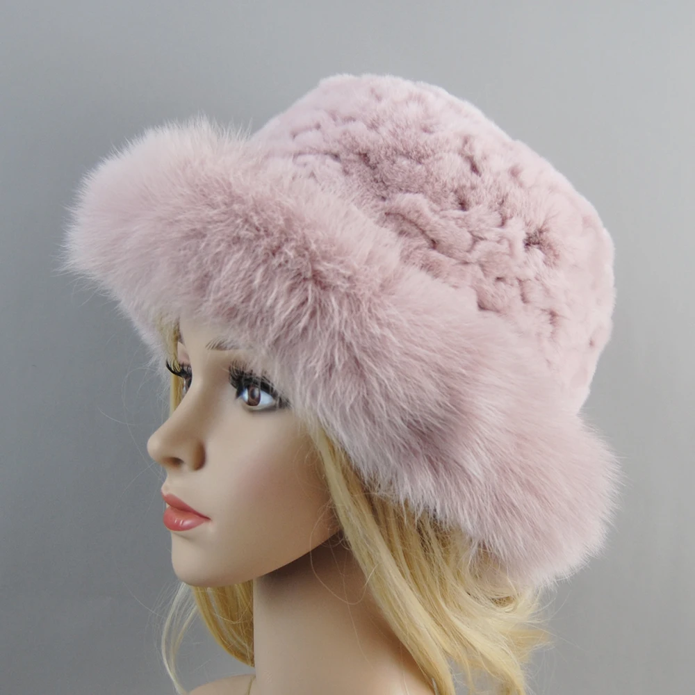 Women Winter Hat Luxury Real Rex Rabbit Fur Bomber Hats Lady Winter Genuine Fox Fur Cap Beanies Warm Soft Fluffy Natural Fur Hat