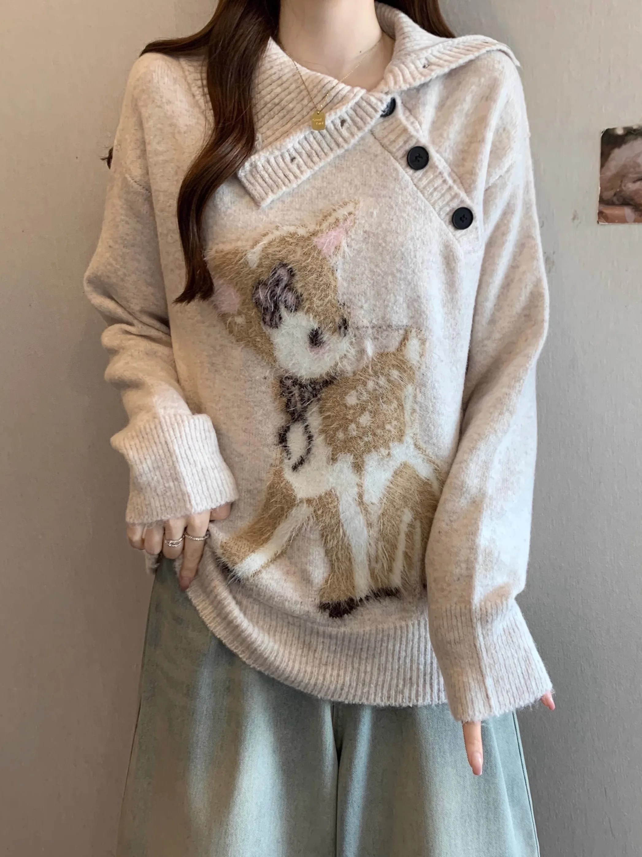 

Ele Long Sve вязаный свитер свободного покроя с отложным воротником Winter Faion, женский удобный топ размера плюс