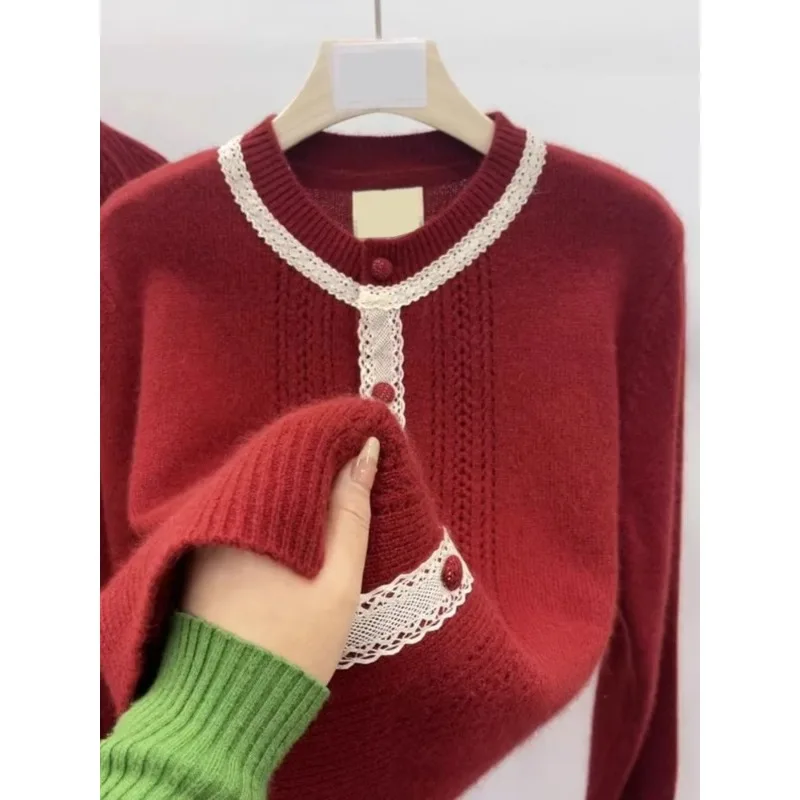 

2026 Round Neck Long Sleeve Versatile Single-breasted Knitted Cardigan Gray Lace Spliced Sweater for Women in Early Spring