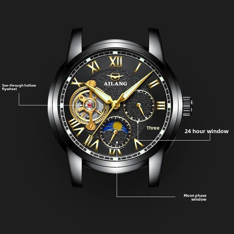 Hollow Design Original Ai Lang Automatic Mechanical Watch Moon Phase Business Style Waterproof 30M Water Resistant