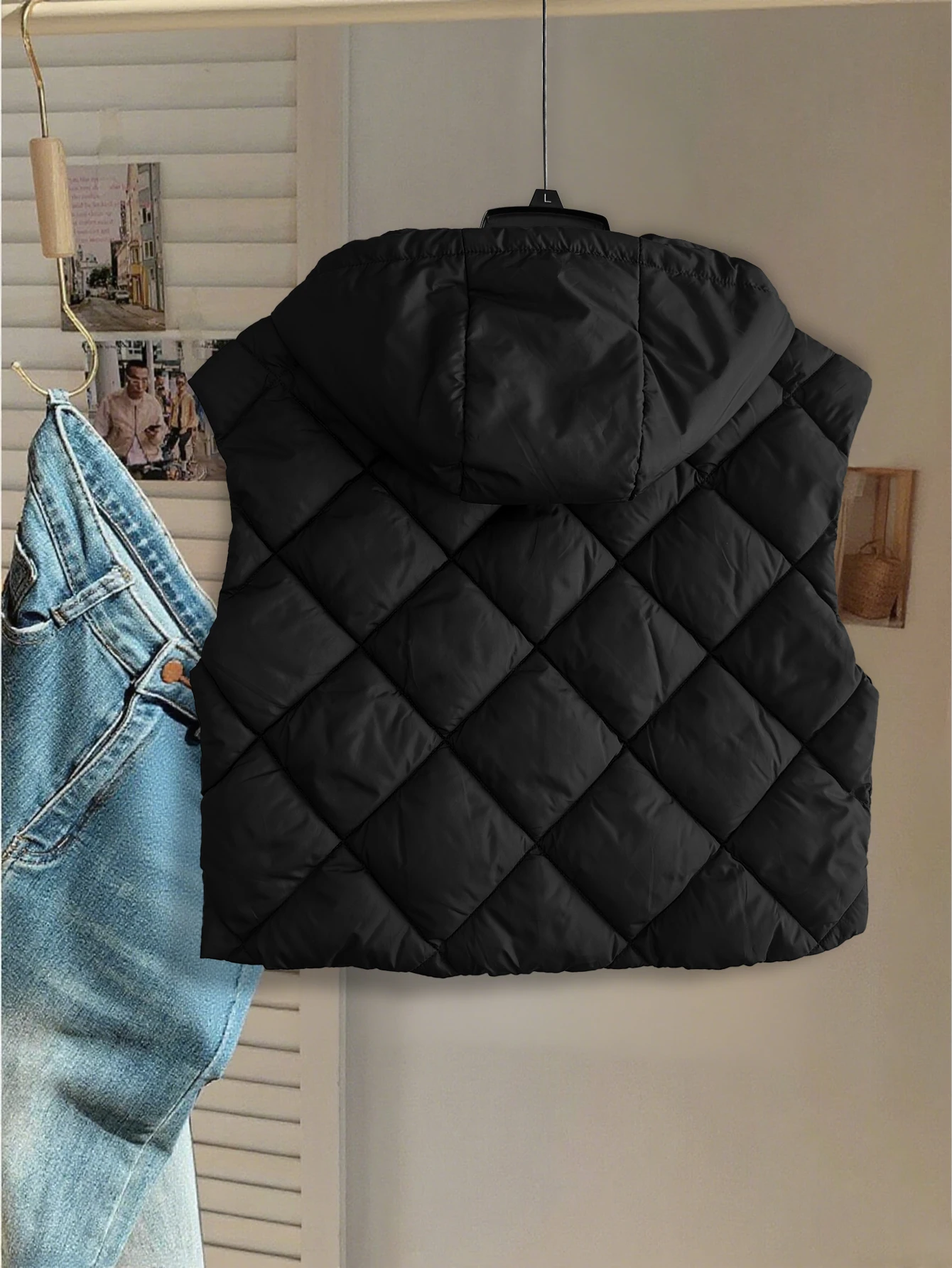 سترة نسائية بغطاء للرأس شتوية بسحاب خفيفة الوزن بدون أكمام ملابس خارجية دافئة معطف مبطن باللون الأسود #2