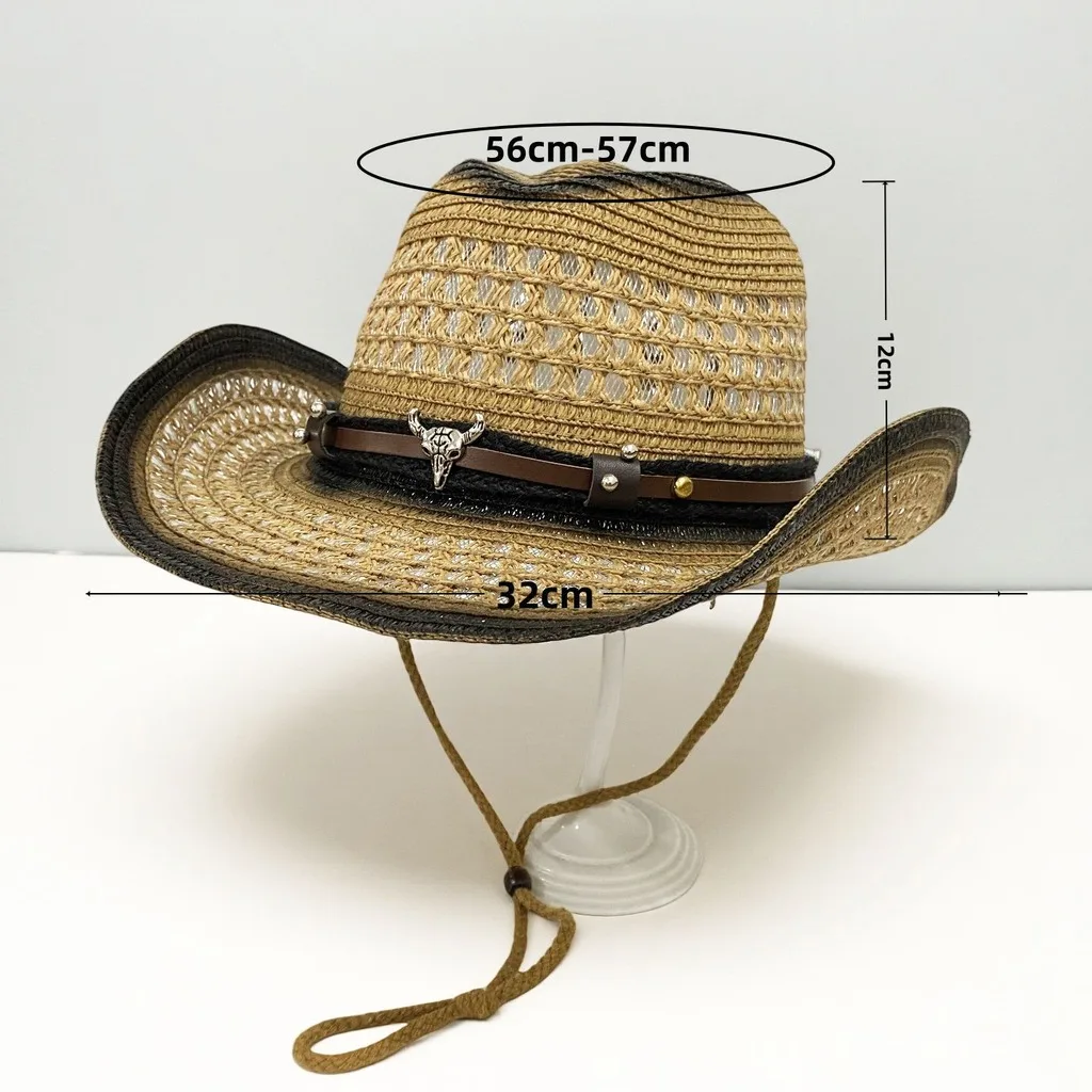 Sombrero de vaquero de ala ancha, con diseño calado, de paja, transpirable, ideal para protegerse del sol, para uso diario, actividades al aire libre y para complementar un atuendo de camping.