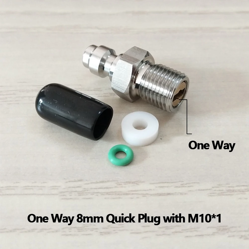 One Way CO2 ar enchimento acessórios, adaptador de mamilo, macho 8mm desconexão rápida, 1/8BSPP, 1/8NPT, M10 * 1 roscas ou reta plug