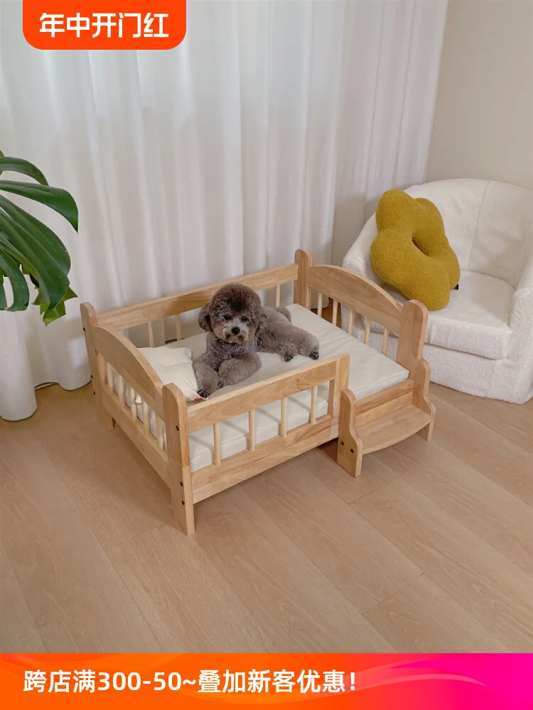 

pet cat and dog solid wood fence bed can be removed and washed, canvas cushion four seasons moisture-proof off-the-ground bed