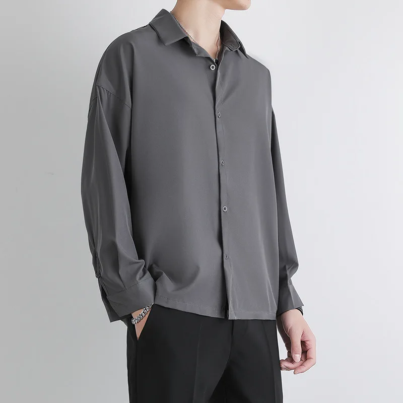 Summer New Leisure Men\'s Long-Sleeved Shirt Loose Large Solid-Colored Shirt Drape Lapel Shirt