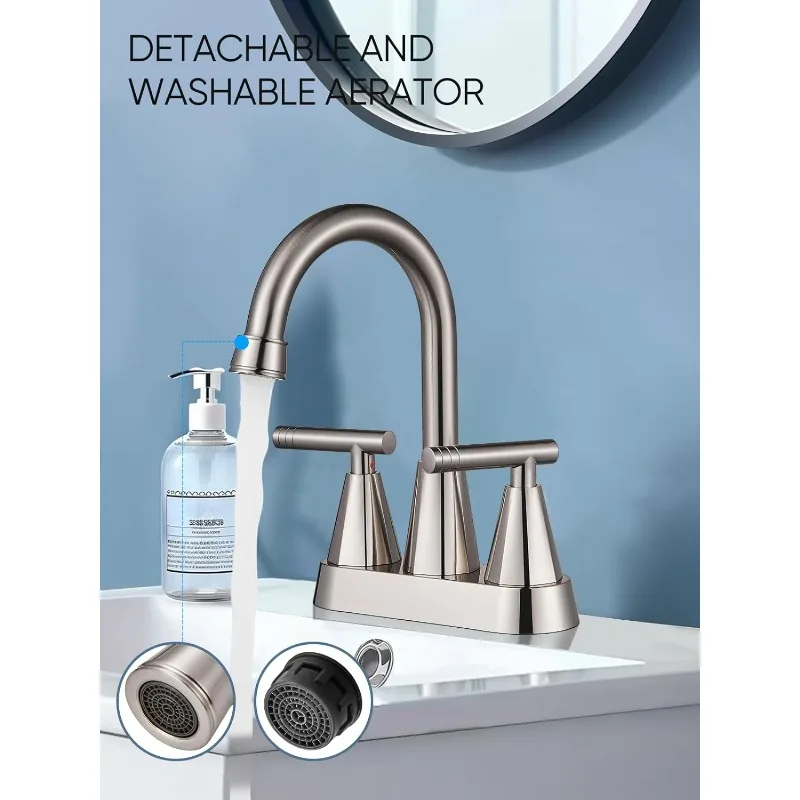 

4 Inch Brushed Nickel Bathroom Faucets With Pop Up Drain And Two Supply Hoses, Lead-Free Stainless Steel 2 Handle Centerse