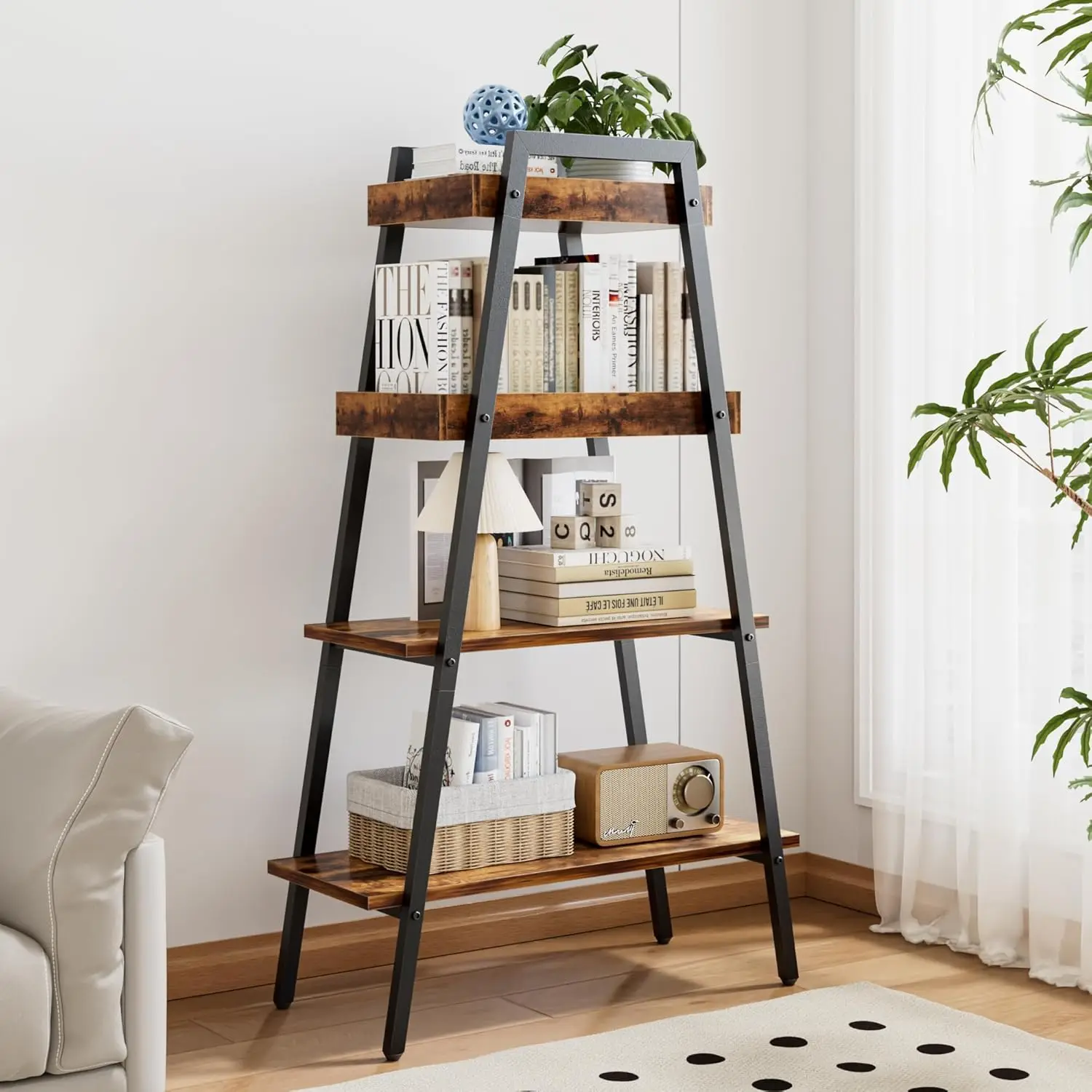 

4-Tier Wooden Ladder Bookshelf with Metal Frame, Brown - Open & Enclosed Storage for Living Room, Bedroom, Office
