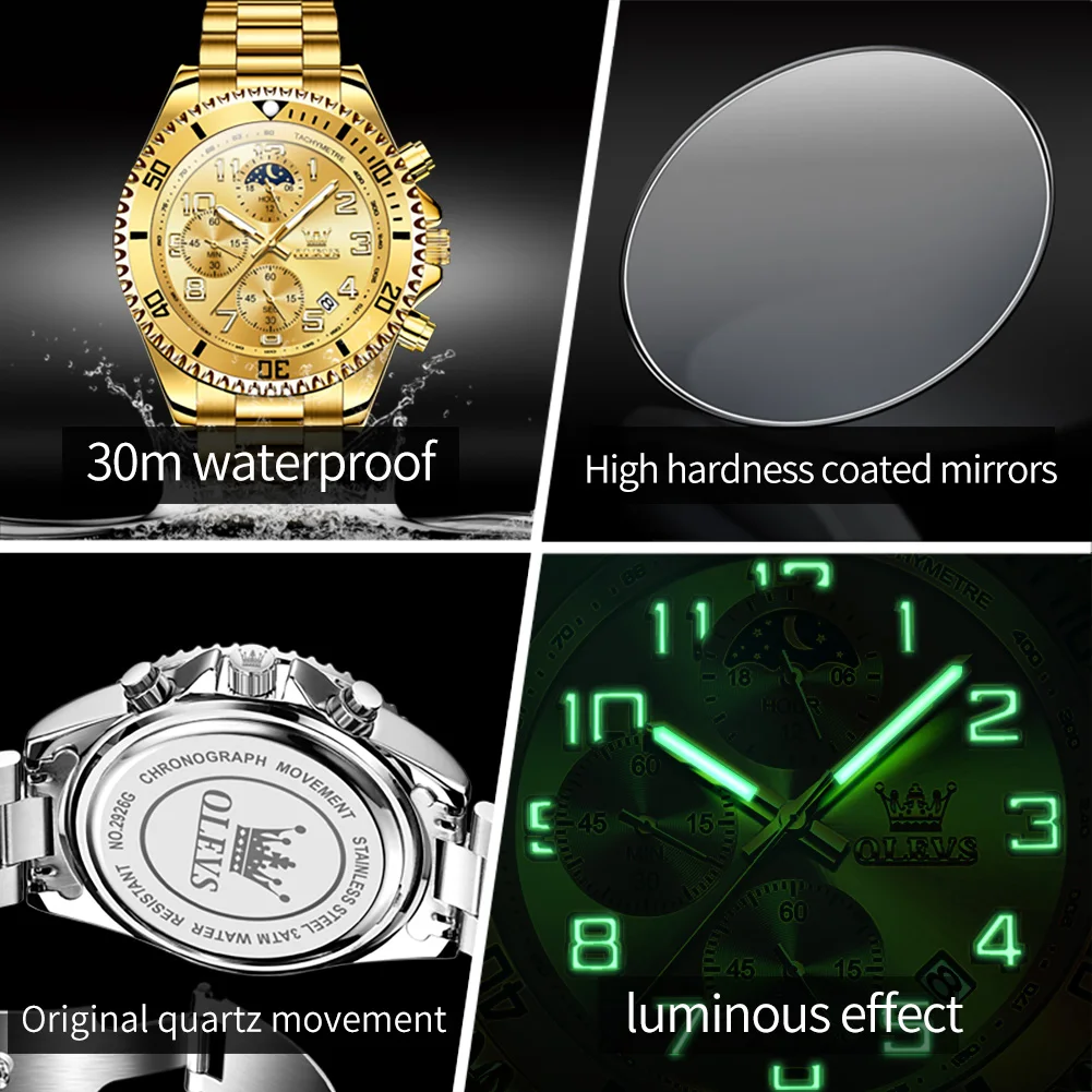 Original Brand OLEVS Gold Watch for Men Luxury Waterproof Quartz Men's Wristwatch Luminous Chronograph Rotating Bezel Watches