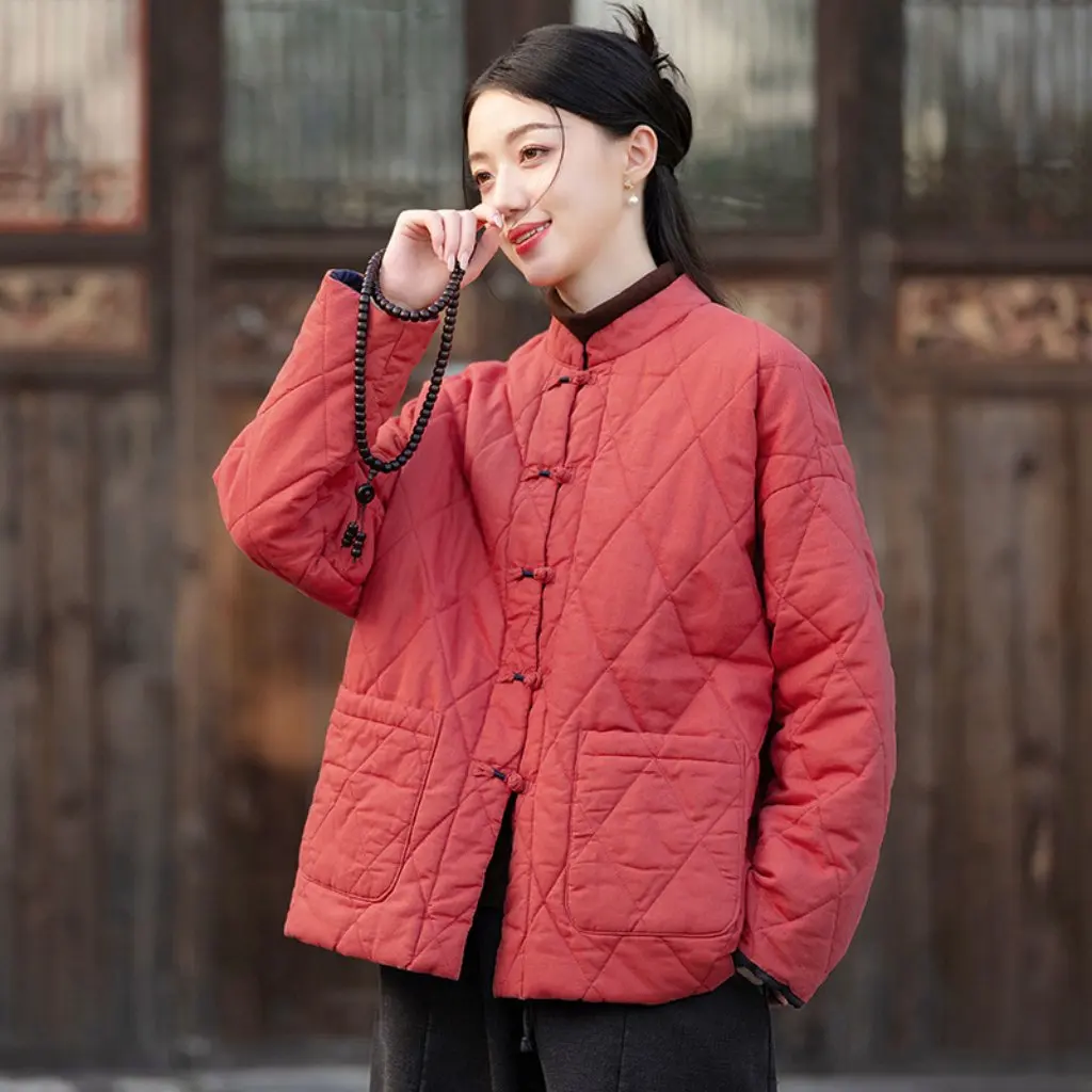 Dames retro opstaande kraag ruit geruite katoenen jas losse pasvorm gewatteerd warm kort katoen linnen mix winter bovenkleding