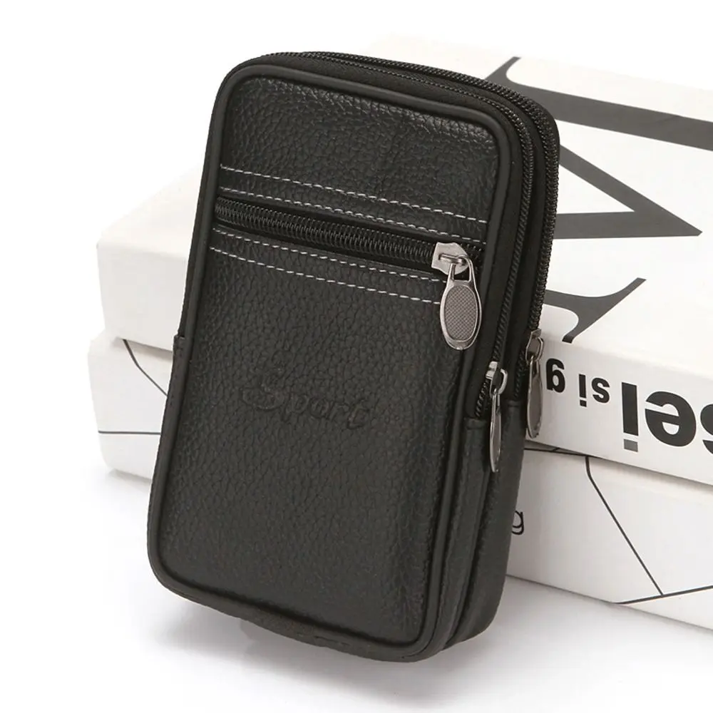 Durable PU Leather Man Belt Pouch 6.5inch Zipper Phone Waist Bag Modern Multiple Layers Phone Belt Clip Bag Outdoor Camping
