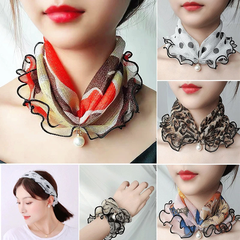 

New Fashion Lace Variety Scarf Necklace Creative Fake Pearl Pendant Scarf Chiffon Loop Scarf For Women Clothing Accessories