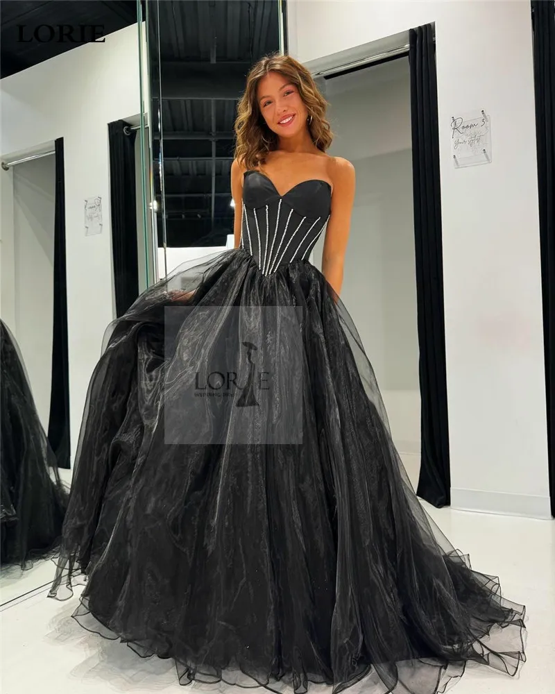 LORIE Romantic Black Wedding Dresses A Line Strapless Beading Side Split Organza Bride Dress Puff Tulle Wedding Gowns 2024