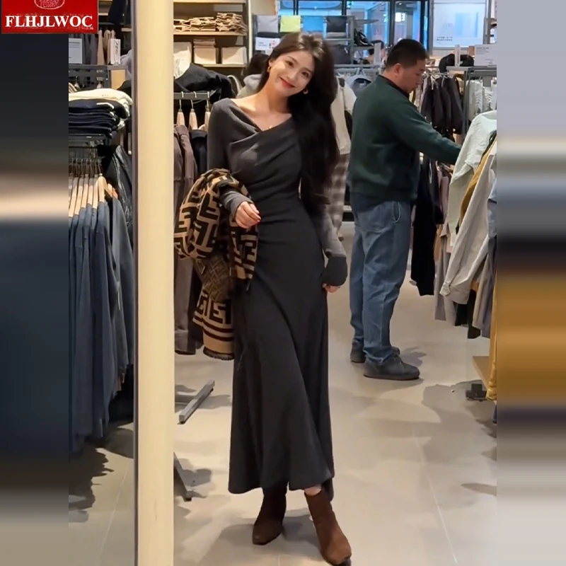 Frans ontwerp lange basisjurken nieuwe vrouw herfst winter lange mouw v-hals effen retro vintage t-shirt jurk vrouwelijke vestidos