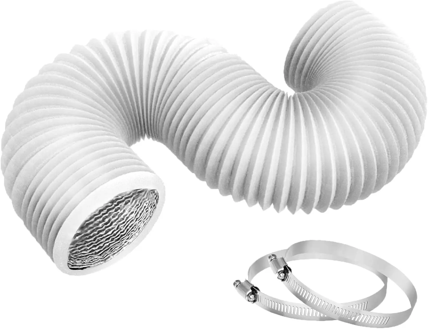 

4 Inch 8ft Dryer Vent Hose, Flexible Insulated Air Ducting, PVC Aluminum Foil with 2 Clamps for HVAC Ventilation (White)