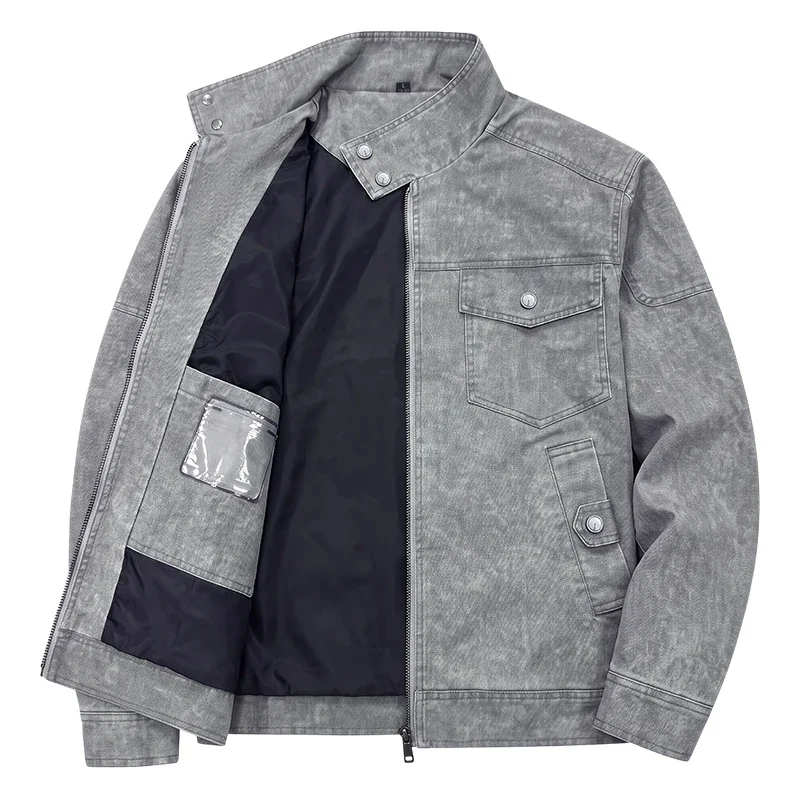 Trendy Vintage Men Washed Cotton Cargo Jacket Stand Collar Zip Up Multi Pocket Loose Tactical Coat For Men Autumn Days 6606