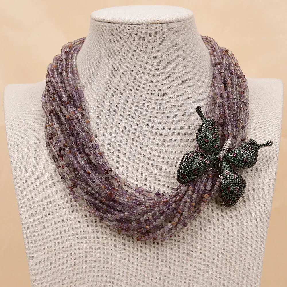 G-G 18'' 20 Rows Natural Purple Crystal Phantom Ghost Quartz Beads Stone Necklace CZ Butterfly Brooch Pendant