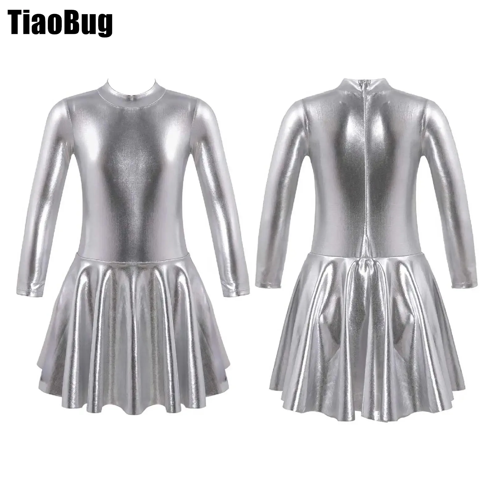 

Kids Girls Bronzing Cloth Dance Dress Stylish Clothing Long Sleeve Round Neckline Invisible Zipper Back Skating Dress