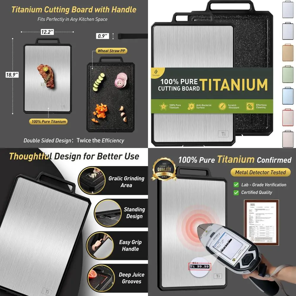 

Double-Sided Titanium & Wheat Straw Kitchen Chopping Boards - Large, Small, Handle Included, Black/Grey Options
