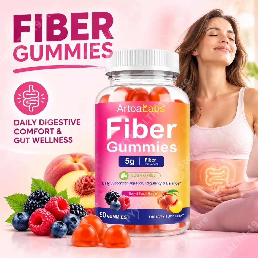 Fiber Gummies 5g by ArtoaLabs Sugar-Free Vegan Pectin 90 Count Berry Peach Flavor Supports Daily Digestive Comfort Gut Balance