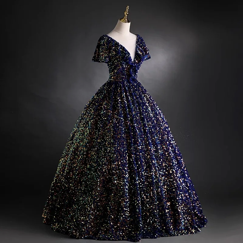 التدرج السماء المرصعة بالنجوم بريق الصوتية الفن امتحان الأداء فستان جديد حزام سولو الغناء منتفخ تنورة المضيف الاجتماع السنوي نخب فستان