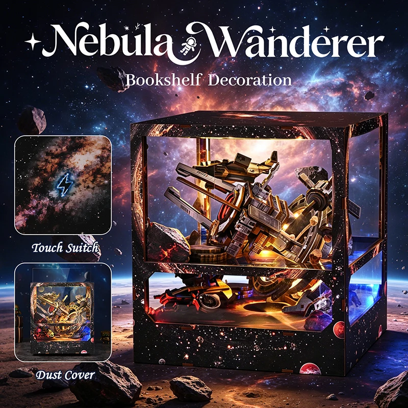 Nebula Wanderer DIY 3D Wooden Bookend Miniature House Building Kit, Hand‑assembled Micro‑Scene Ornament, Creative Gift