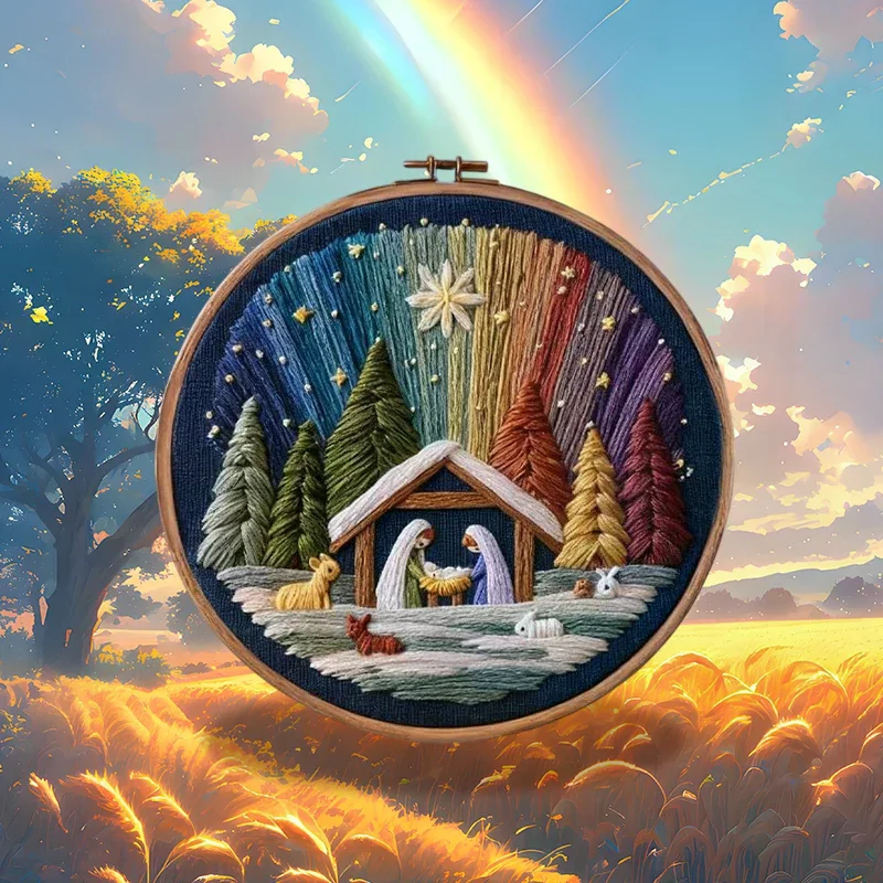 Gepersonaliseerde kerststal borduurset - DIY kerstverhaal poppenset, compleet handstichpakket