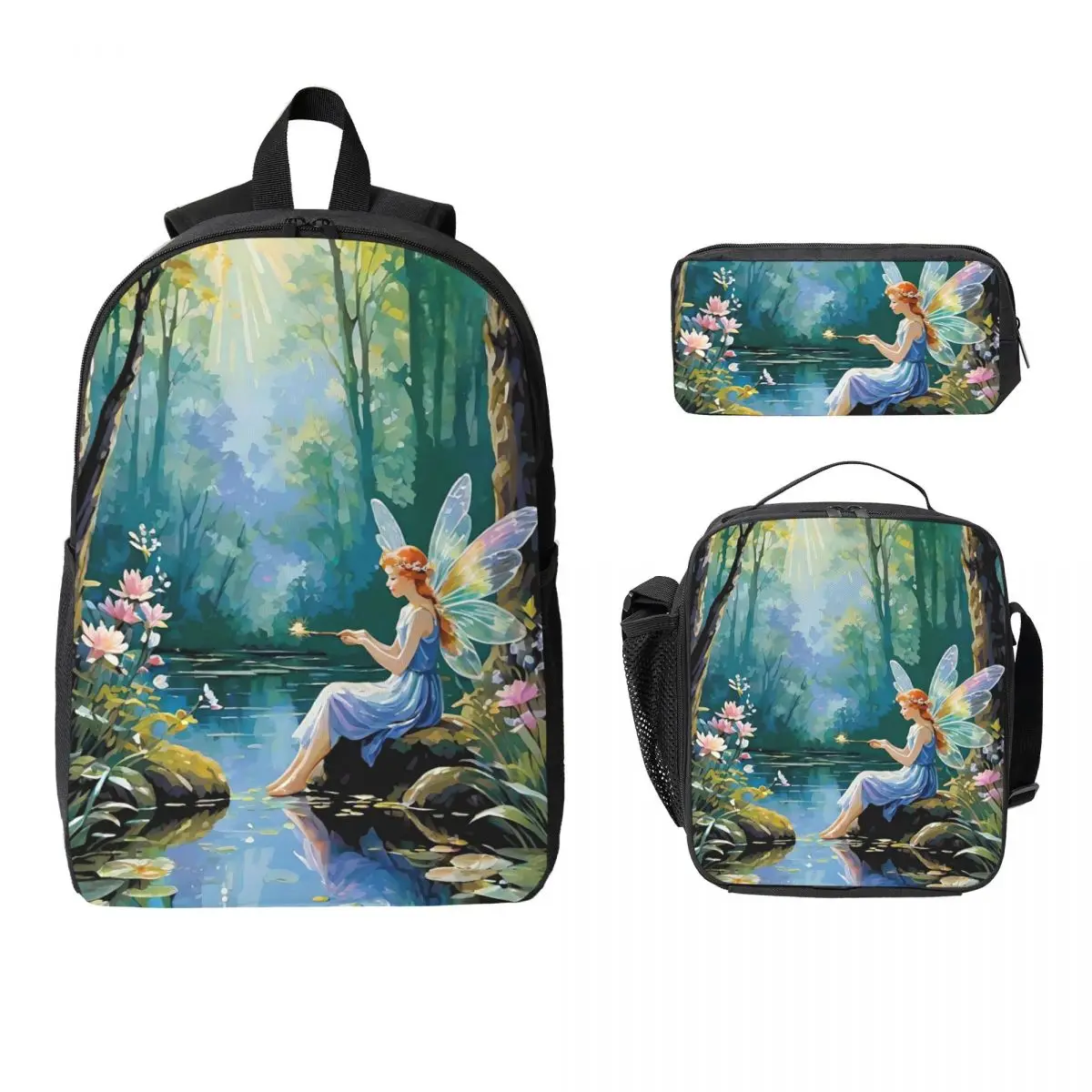 Enchanting Fairy By The Lake Backpack Boys Girls BookBag School Bag Laptop Shoulder Bags 3ps Insulated Lunch Bag Pencil Case