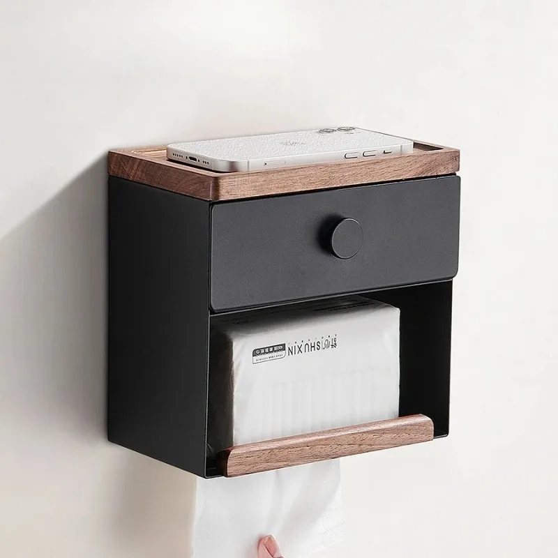 North American Walnut Double-layer Tissue Box Toilet Non Perforated Toilet Paper Shelf Moisture-proof Bathroom Accessories