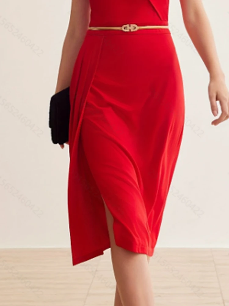 Plus Size Evening Dress for Women Split Hem Sleeveless Asymmeytric Round Neck Casual Office Lady Slim Midi Dress Summer 2025