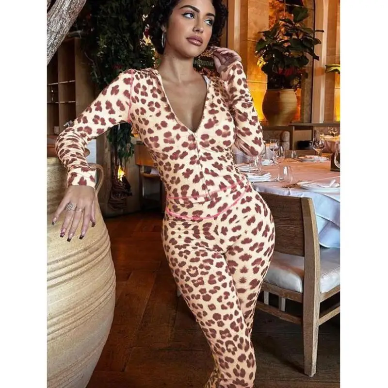 Damen Reine Farbe Leopardenmuster Reißverschluss ort Sle Casual Sport Anzug Herbst Seven Sve Marke FMY2867