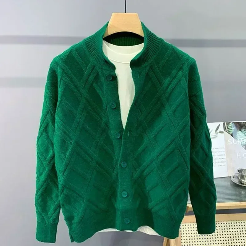 Men's Clothing Plaid Solid Color Knit Sweater Male Cardigan Argyle Green Plain Classic Over Fit New In High Quality Warm Order