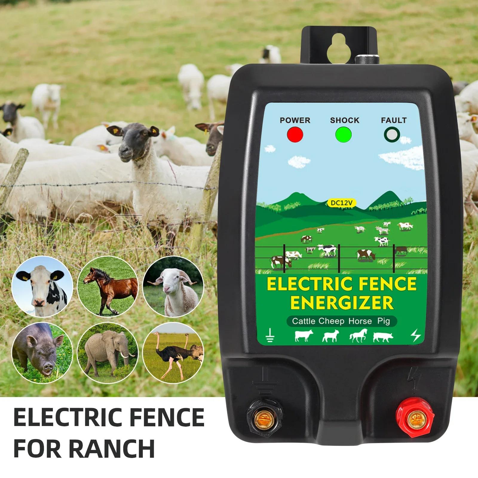 DC 12V 10KM High Voltage Electric Fence Charger Controller, Livestock Energizer for Cattle Horse Poultry, No Alarm