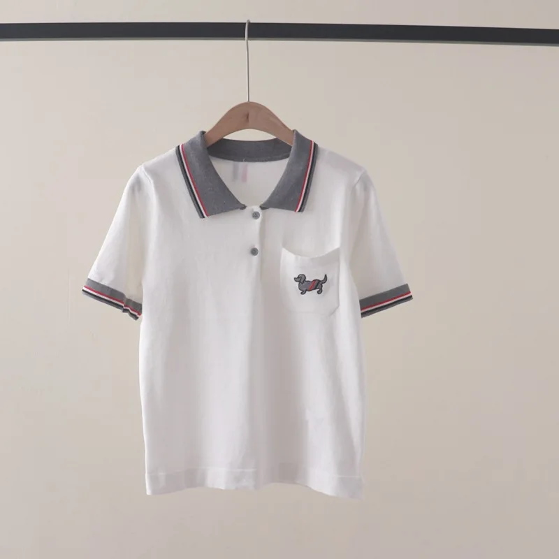 New summer color POLO neck front pocket embroidered dog short-sleeved knitted T-shirt shirt thin