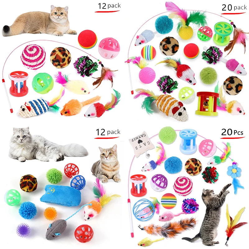 12Pcs/20 Pcs Pet Kitten Toys Variety Cat Toy Combination Set Cat Toy Funny Cat Stick Sisal Mouse Bell Ball Cat Supplies