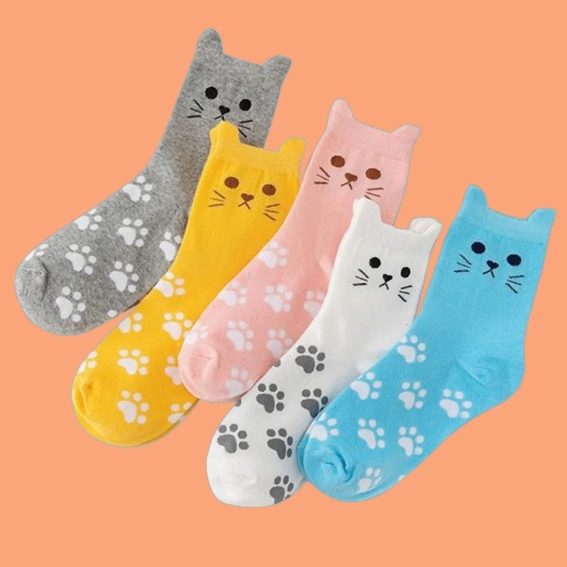 

5/10 Pairs New Fashion Women's Cat Socks Mid-Tube Women's Breathable Korean Style Casual Socks Casual Warm Cotton Women's Socks