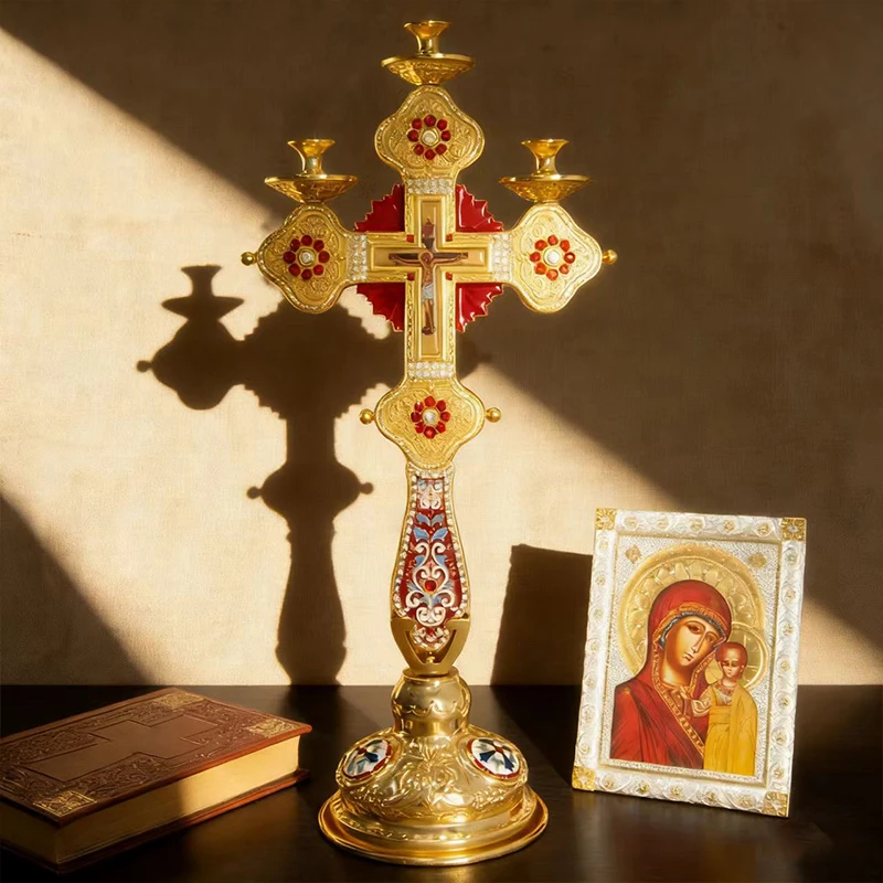 Durable Orthodox Standing Crucifix with Gold Finish, Red Gem Accents and Enamel Detailing for Church Liturgy and Daily Devotion