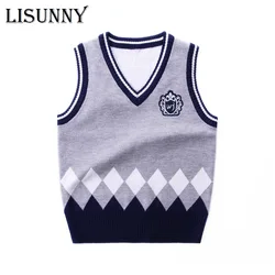 2024 New Baby Boys V-neck Sweater Vest Children Sweaters Coat Kids Cotton Knit Jacket Waistcoat Clothes Preppy Style Plaid 1-7y