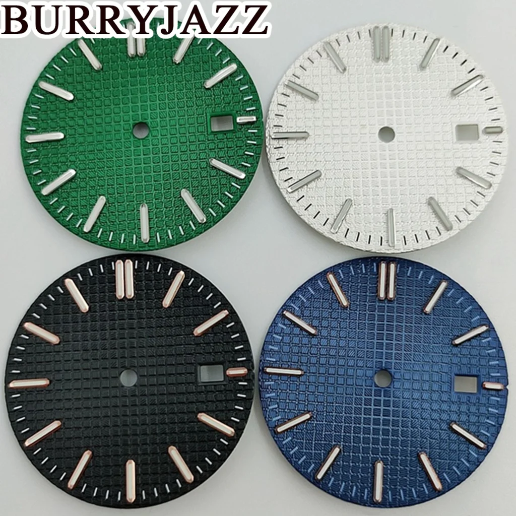 BURRYJAZZ 31.7mm No Logo NH35 Watch Dials Black Blue  Green White Dial Green Luminous Fit 3 O'clock Case Crown