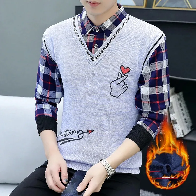 Men's Autumn Winter Pullover Turn-down Collar Plaid Button Lettering Printed Long Sleeve Sweater Knitted Undershirt Formal Tops