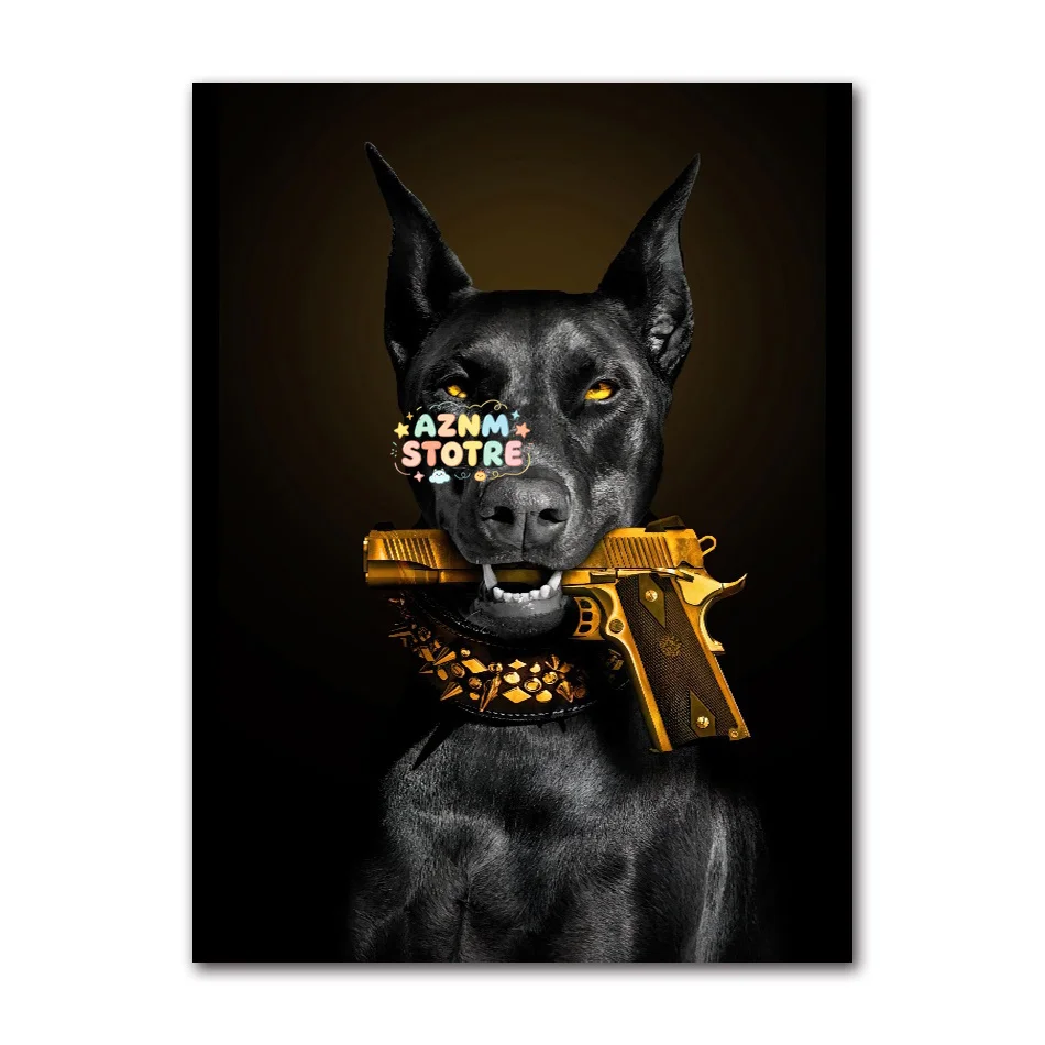 Modern Fashion Black Doberman Dog with Golden Pistol Poster Canvas Painting Luxury Animal Wall Art Picture for Living Room De