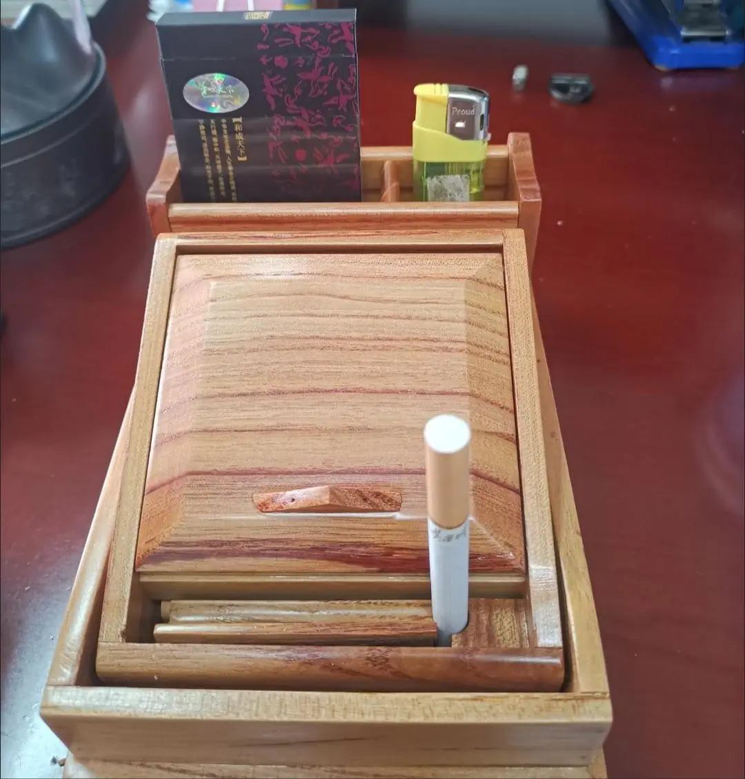 Wood Color Thick Cigarette Box Solid Wood Desktop Storage Press to Eject The Cigarette Holder Capacity 20 Pcs