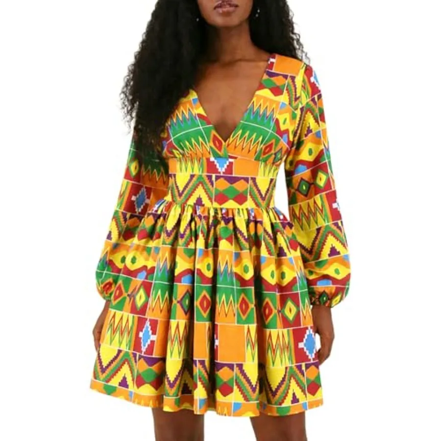 

Womens Sexy V Neck African Print Dashiki Dress Long Lantern Sleeve Short Swing Dress Party Club